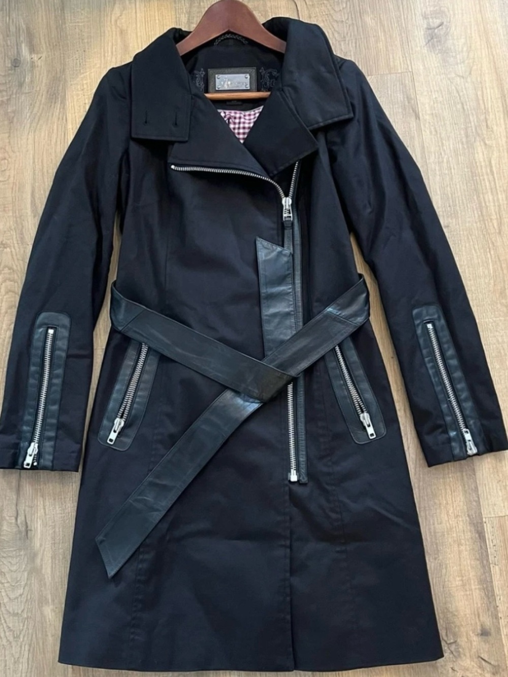 Mackage Black Trench Coat with Leather Belt & Silver Zippers - Picture 11 of 11